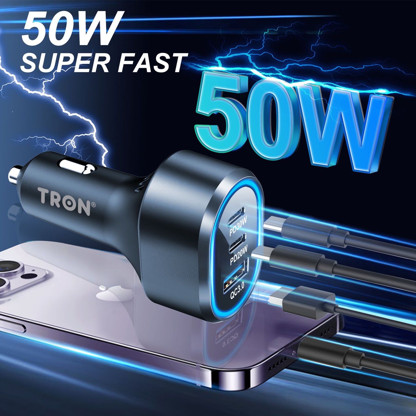 PD 50W Car Charger, 3-Port USB-A + USB-C + USB-C with LED Light-TR4