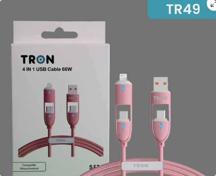 4-in-1 USB A to C Charger Cable - Pink, 5FT, with LED Light-TR49