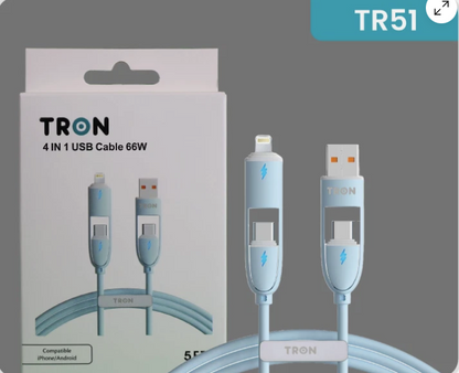 4-in-1 USB A to C Charger Cable - Blue, 5FT, with LED Light-TR51