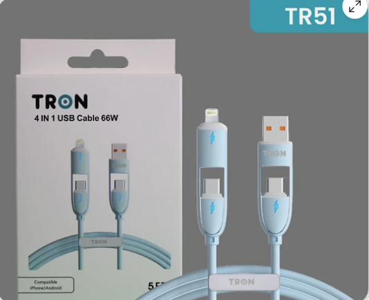 4-in-1 USB A to C Charger Cable - Blue, 5FT, with LED Light-TR51