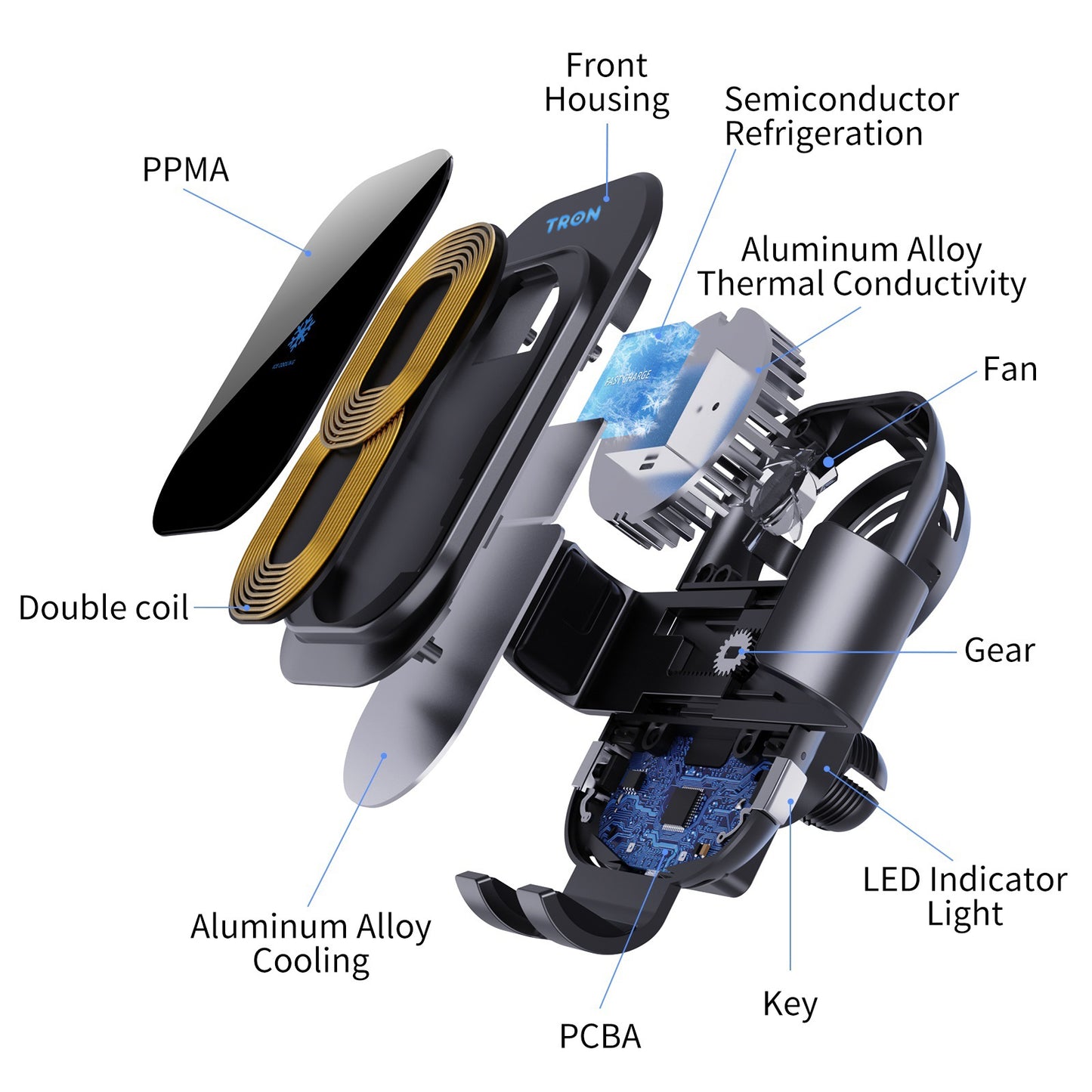 Ice Cooling Wireless Car Charger, Auto-Clamping with 3FT LED Cable and LED Light-TR33