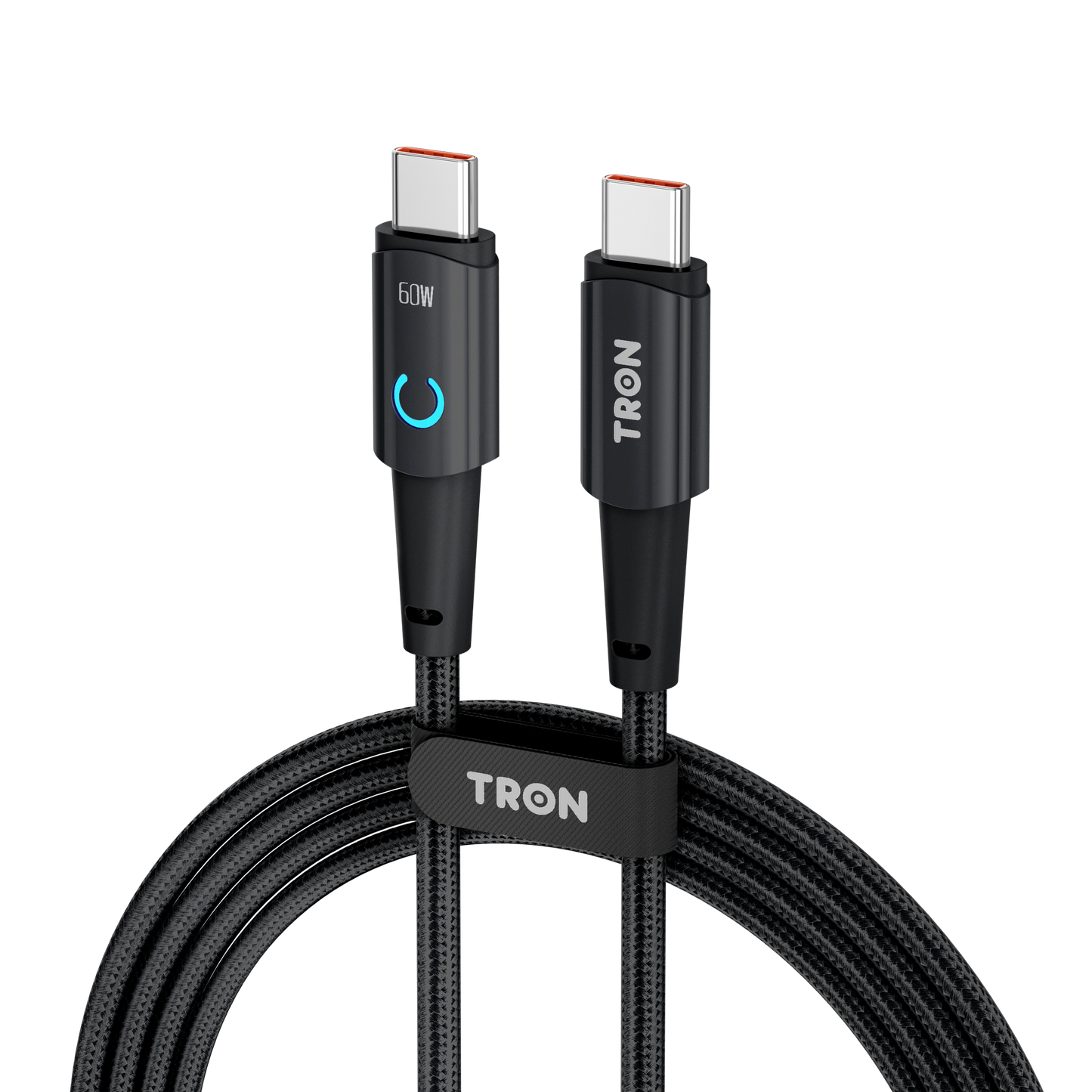 USB C to C Braided Charger Cable - Black, 6FT, with LED Light