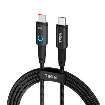 USB C to C Braided Charger Cable - Black, 6FT, with LED Light