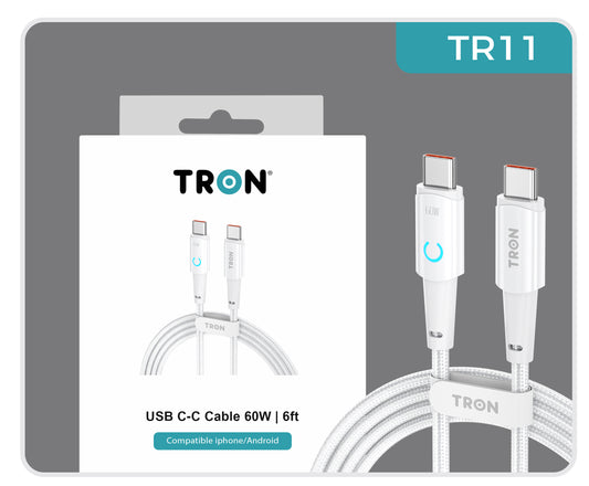 USB C to C Braided Charger Cable - White, 6FT, with LED Light-TR11