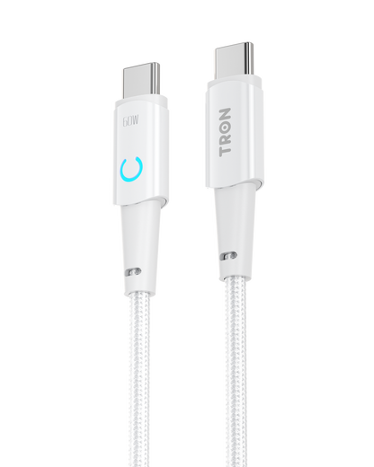 USB C to C Braided Charger Cable - White, 6FT, with LED Light