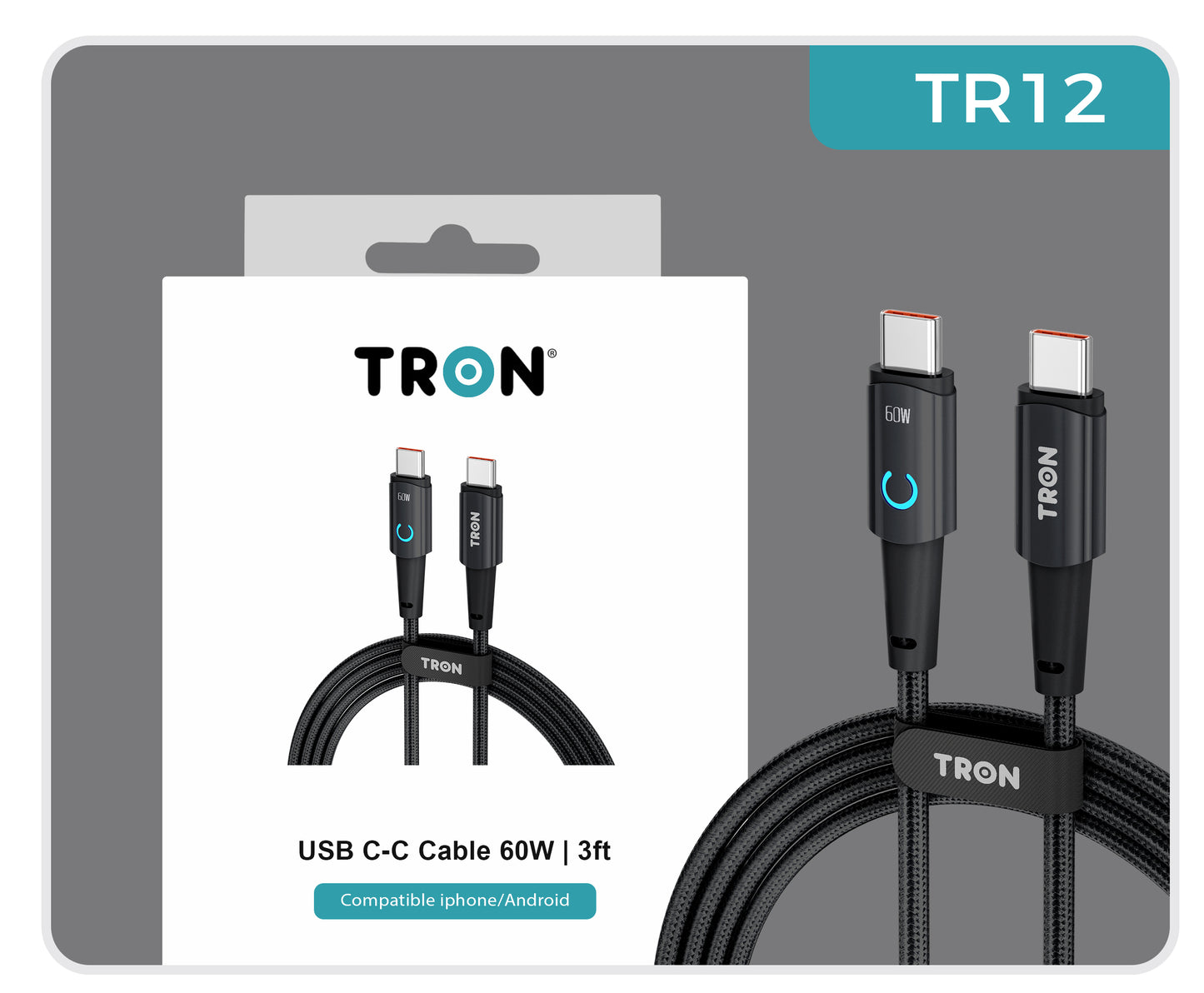 USB C to C Braided Charger Cable - Black, 3FT, with LED Light-TR12