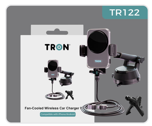 15W Fan Cooling Wireless Car Charger Mount — Auto-Clamp + Dashboard Suction Cup + 360° Rotation - TR122
