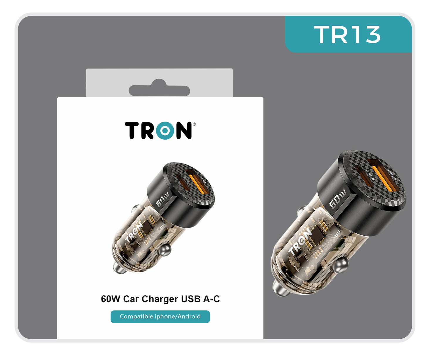 60W Car Charger, 2-Port USB-A + USB-C-TR13