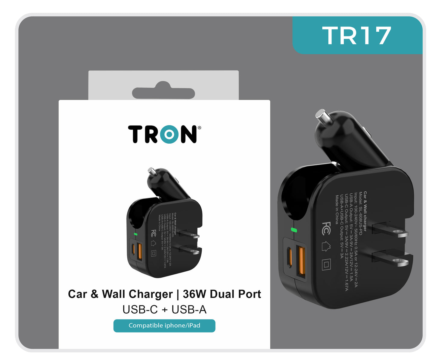 Car & Wall Charger USA, 2-Port USB-C with LED Light-TR17
