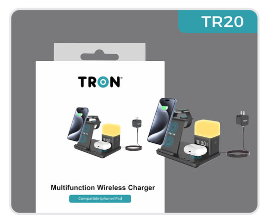 6-in-1 Wireless Charger, 25W Power Adapter, With night light and digital clock & 3FT LED Cable-TR20