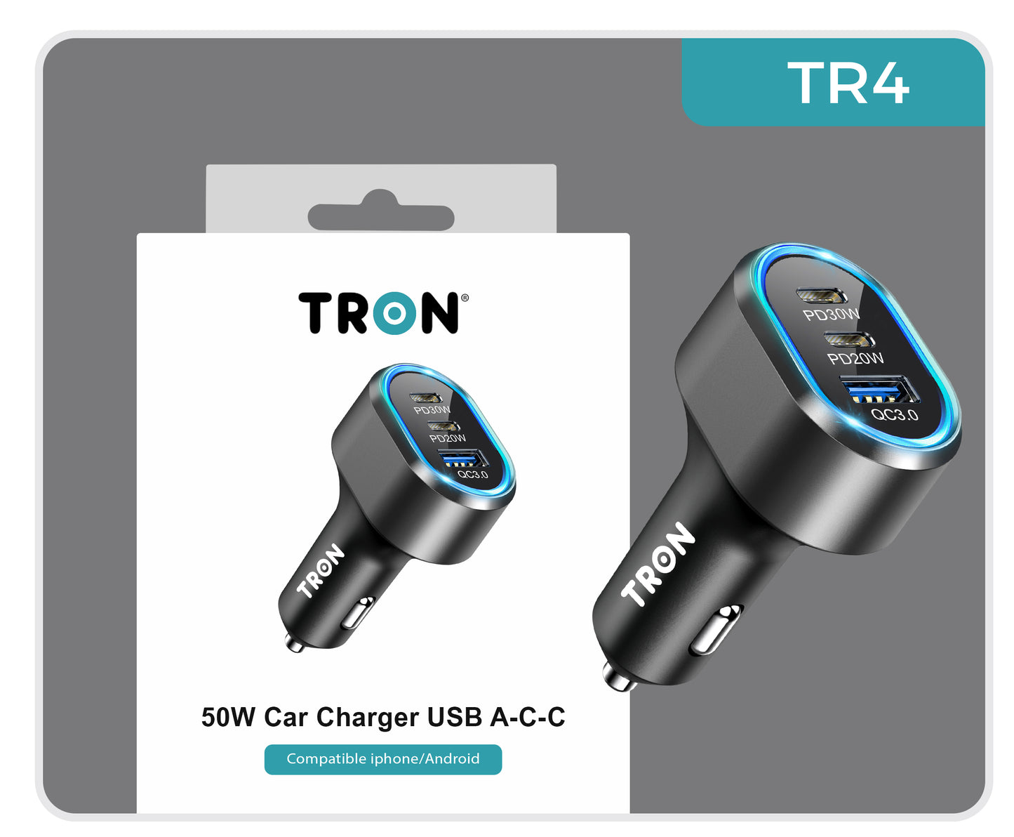 PD 50W Car Charger, 3-Port USB-A + USB-C + USB-C with LED Light-TR4