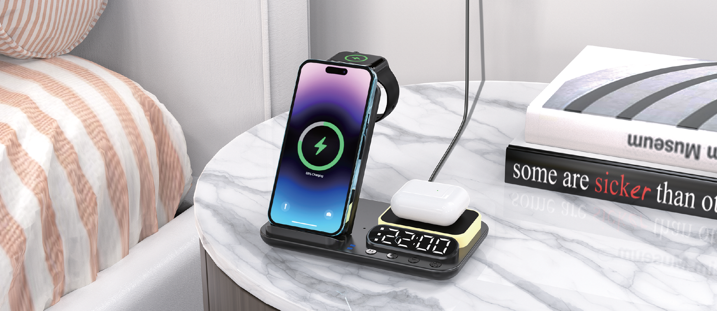 7 IN 1 Wireless Charger 25W Power adapter With night light and digital clock & 3ft led cable