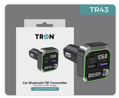 30W Car Bluetooth FM Transmitter & Power Adapter, 3-Port USB-A + USB-A + USB-C with LED Light-TR43