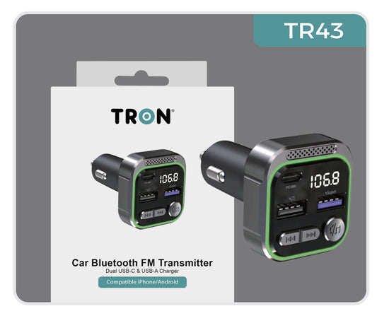 30W Car Bluetooth FM Transmitter & Power Adapter, 3-Port USB-A + USB-A + USB-C with LED Light-TR43