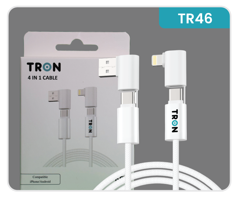 4-in-1 USB A to C and Lightning Braided Charger Cable - 6FT, White