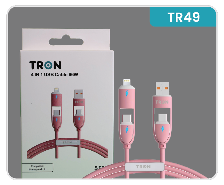 4-in-1 USB A to C Charger Cable - Pink, 5FT, with LED Light