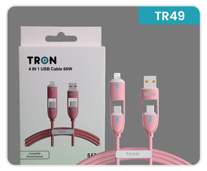 4-in-1 USB A to C Charger Cable - Pink, 5FT, with LED Light