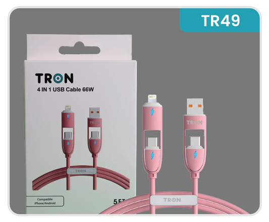 4-in-1 USB A to C Charger Cable - Pink, 5FT, with LED Light