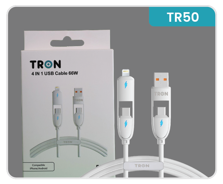 4-in-1 USB A to C Charger Cable - White, 5FT, with LED Light