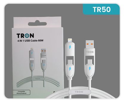 4-in-1 USB A to C Charger Cable - White, 5FT, with LED Light