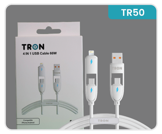 4-in-1 USB A to C Charger Cable - White, 5FT, with LED Light