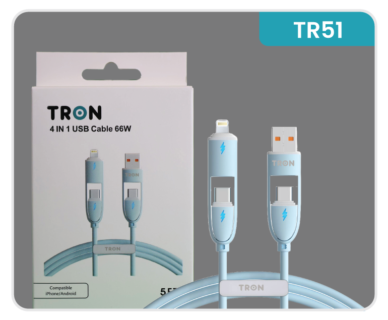 4-in-1 USB A to C Charger Cable - Blue, 5FT, with LED Light