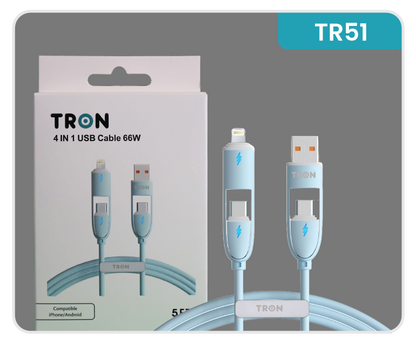 4-in-1 USB A to C Charger Cable - Blue, 5FT, with LED Light