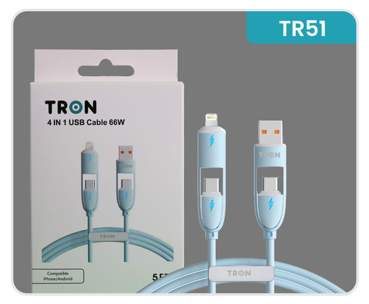 4-in-1 USB A to C Charger Cable - Blue, 5FT, with LED Light