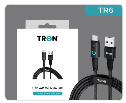 USB A to C Braided Charger Cable - Black, 6FT, with LED Light-TR6