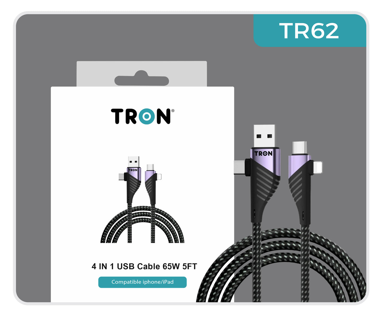 4-in-1 USB A to C and Lightning Braided Charger Cable - 6FT, Black and Purple-TR62