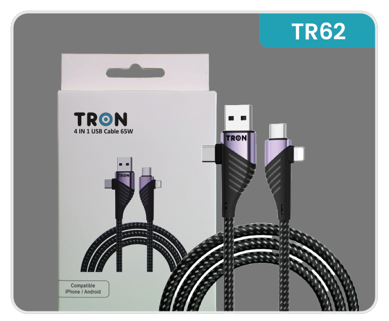 4-in-1 USB A to C and Lightning Braided Charger Cable - 6FT, Black and Purple