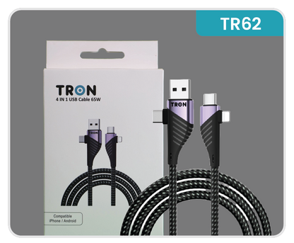 4-in-1 USB A to C and Lightning Braided Charger Cable - 6FT, Black and Purple