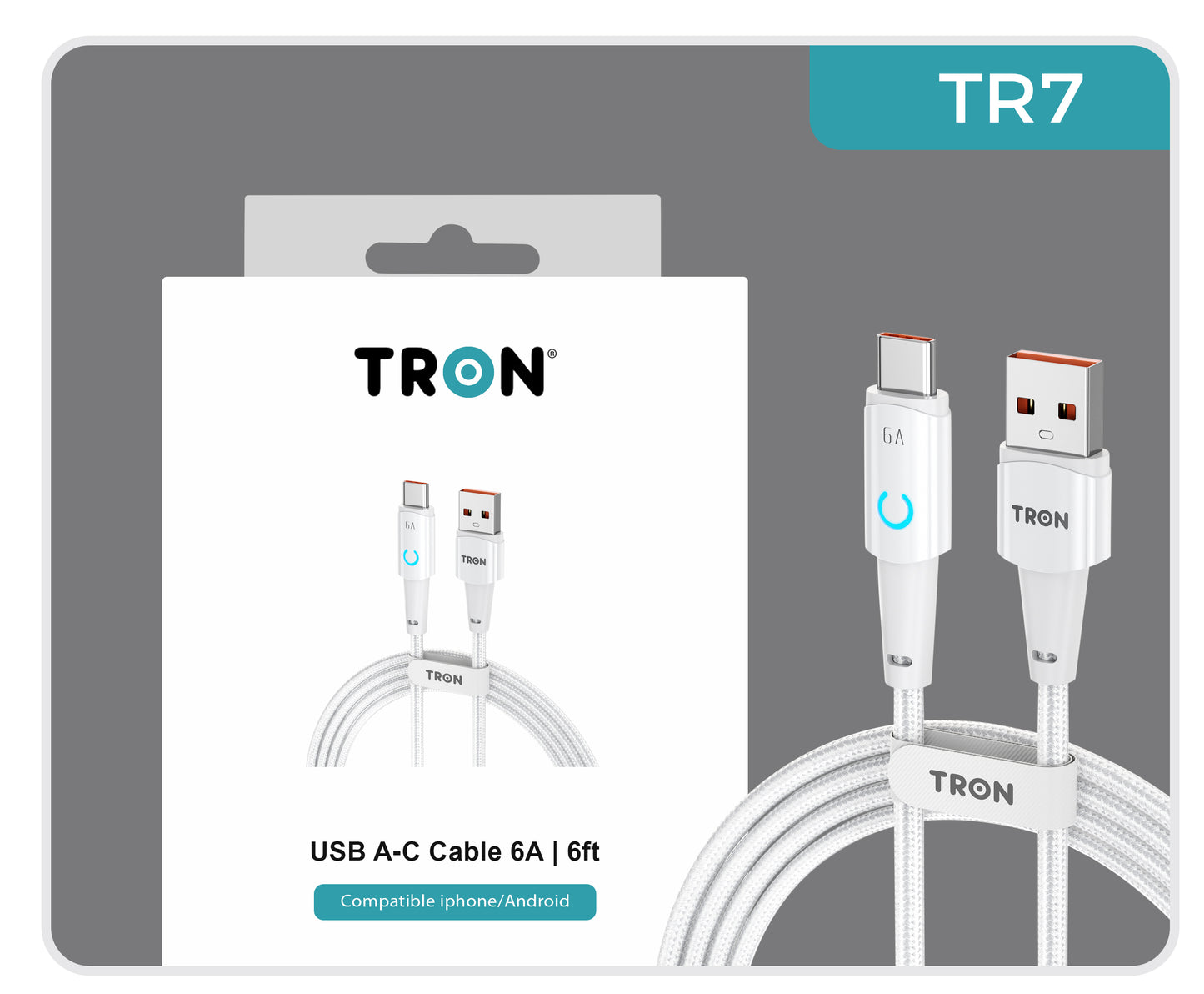 USB A to C Braided Charger Cable - White, 6FT, with LED Light-TR7