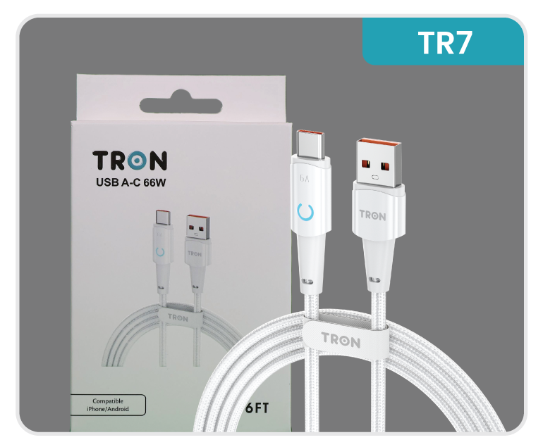 USB A to C Braided Charger Cable - White, 6FT, with LED Light