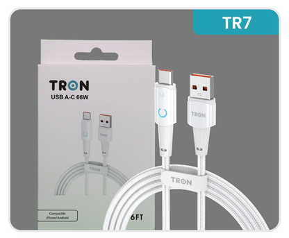 USB A to C Braided Charger Cable - White, 6FT, with LED Light