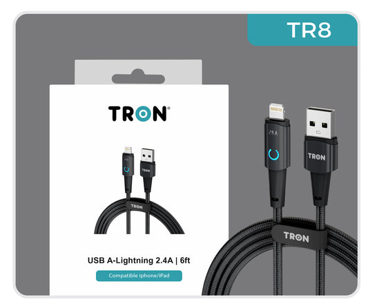 USB A to Lightning Braided Charger Cable - Black, 6FT, with LED Light-TR8