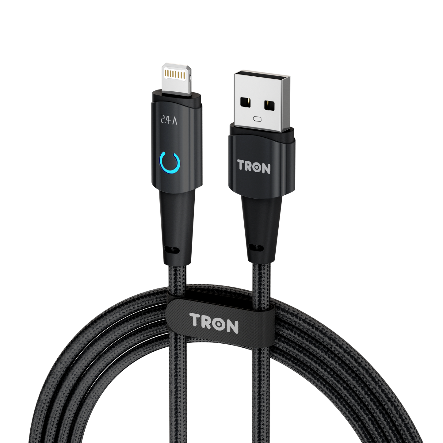 USB A to Lightning Braided Charger Cable - Black, 6FT, with LED Light