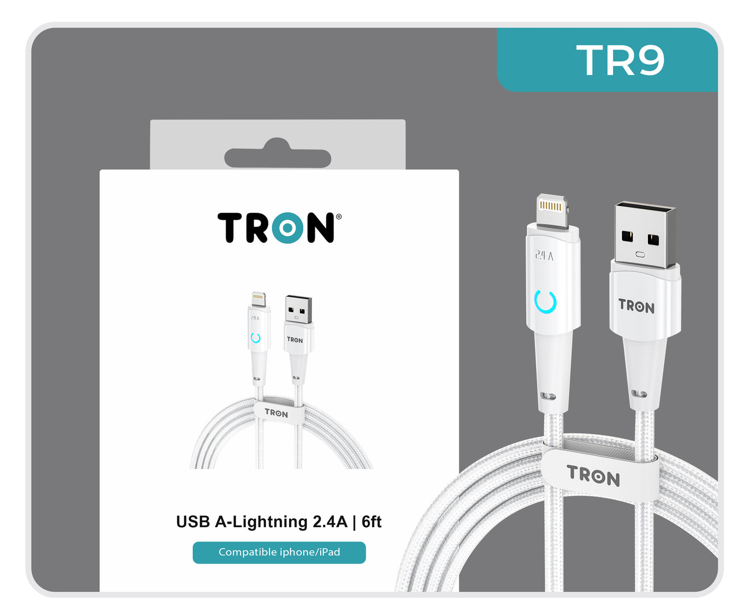 USB A to Lightning Braided Charger Cable - White, 6FT, with LED Light-TR9