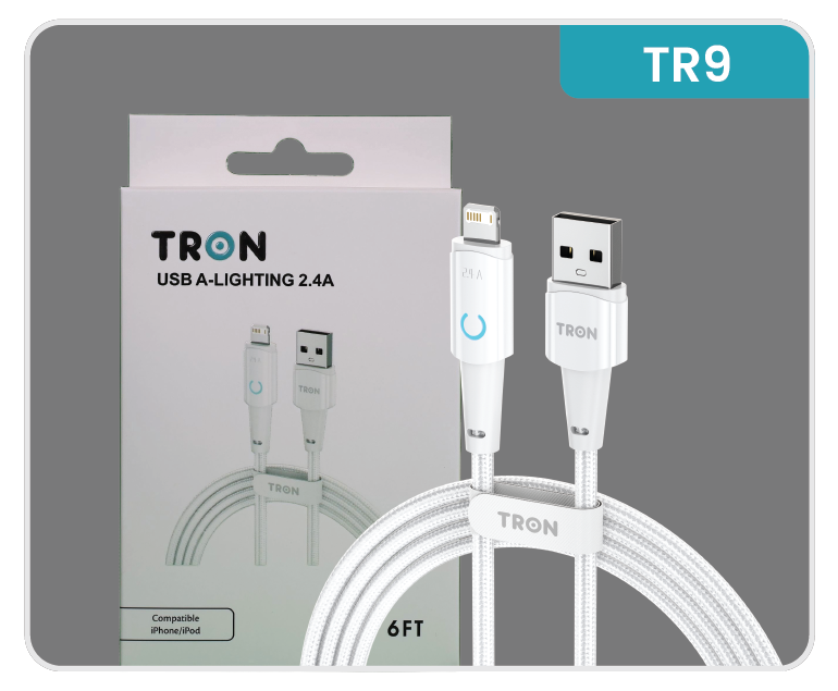 USB A to Lightning Braided Charger Cable - White, 6FT, with LED Light