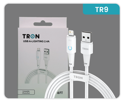 USB A to Lightning Braided Charger Cable - White, 6FT, with LED Light