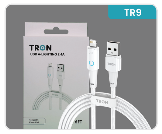 USB A to Lightning Braided Charger Cable - White, 6FT, with LED Light