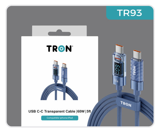 60W Transparent USB-C to USB-C Charging Cable with Digital Display | 5FT - TR93