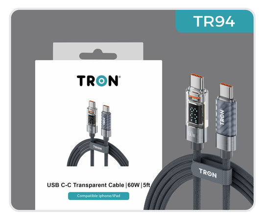 60W Transparent USB-C to USB-C Charging Cable with Digital Display | 5FT - TR94