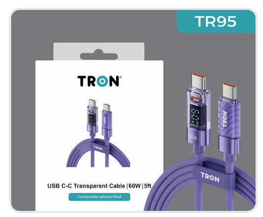 60W Transparent USB-C to USB-C Charging Cable with Digital Display | 5FT - TR95