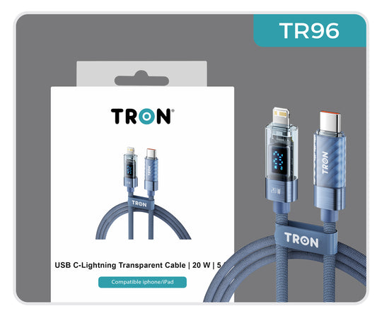 20W Transparent USB-C to Lightning Charging Cable with Digital Display | 5FT - TR96