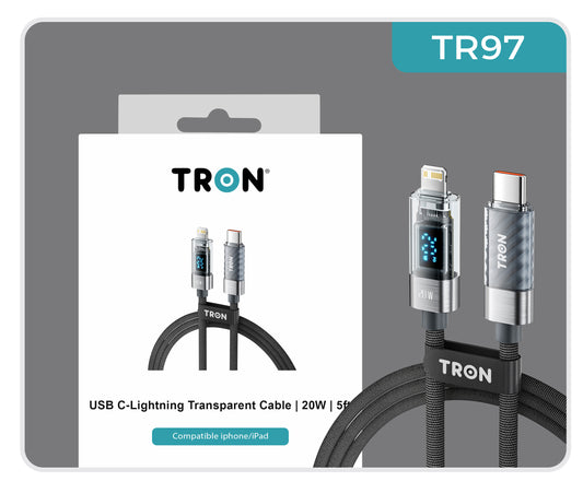 20W Transparent USB-C to Lightning Charging Cable with Digital Display | 5FT - TR97