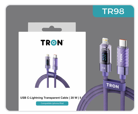 20W Transparent USB-C to Lightning Charging Cable with Digital Display | 5FT - TR98