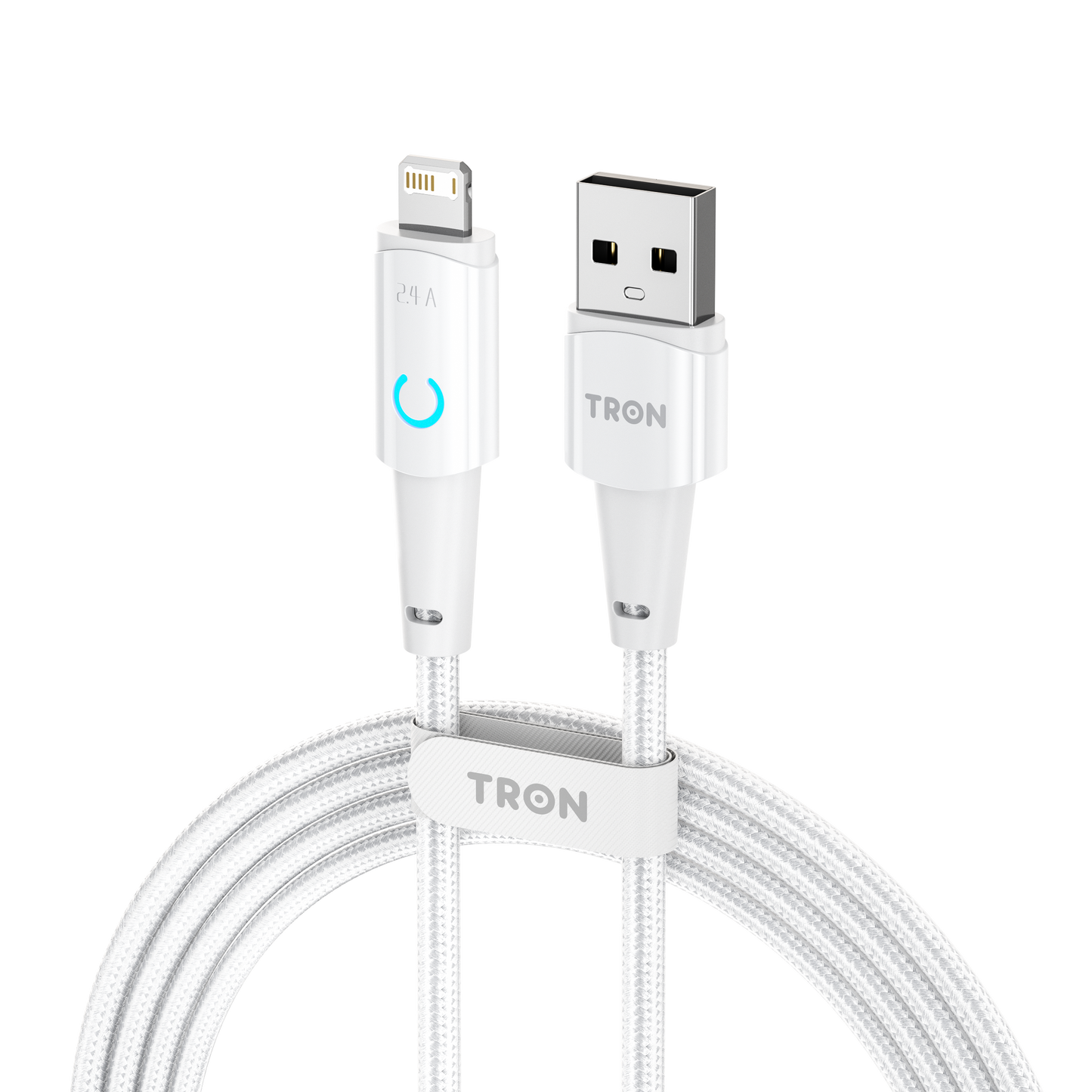 USB A to Lightning Braided Charger Cable - White, 6FT, with LED Light