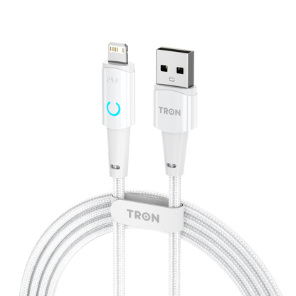 USB A to Lightning Braided Charger Cable - White, 6FT, with LED Light