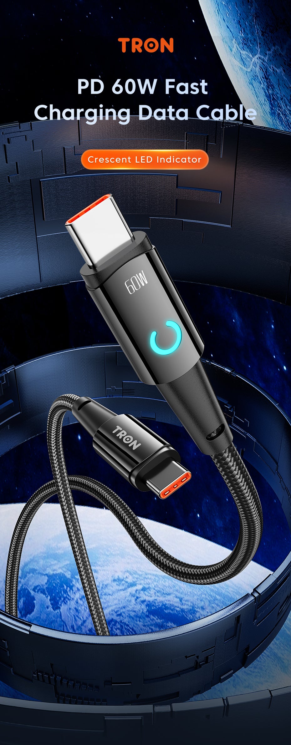 USB C to C Braided Charger Cable - Black, 6FT, with LED Light-TR10